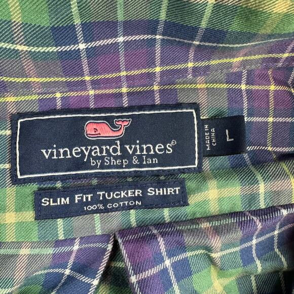 Vineyard Vines Shirt Mens Large Green Blue Plaid Slim Fit Tucker Button Down - Picture 3 of 7